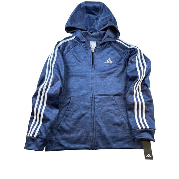 Adidas Boys Blue Full-Zip Hoodie Sz L 14/16 Reg Fit Fleece-Lined Activewear - Picture 4 of 12